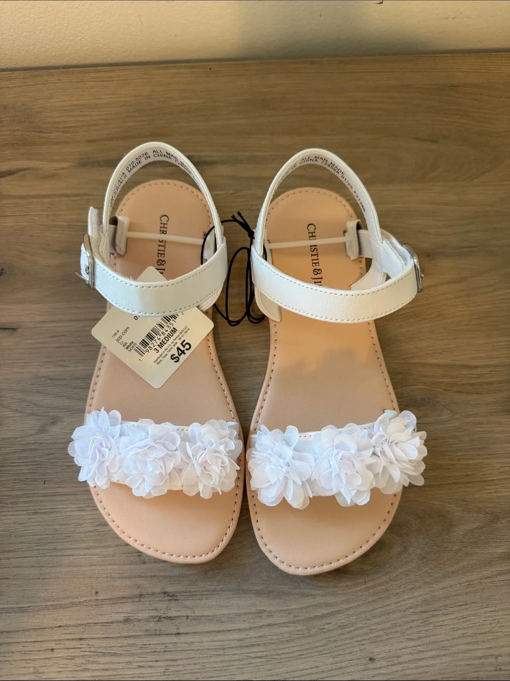 NWT Christie & Jill Girls' White Floral Ankle-Strap Sandals